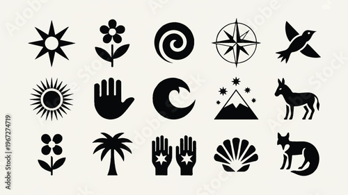 A collection of 20 decorative circular and shaped icons featuring various natural elements and symbols arranged on a plain surface