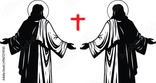 Symmetrical black silhouettes of monks with a central red cross symbol