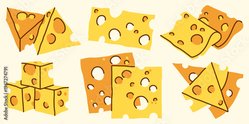 Various cheese slices and cubes set. Cartoon vector illustration of dairy snack products.