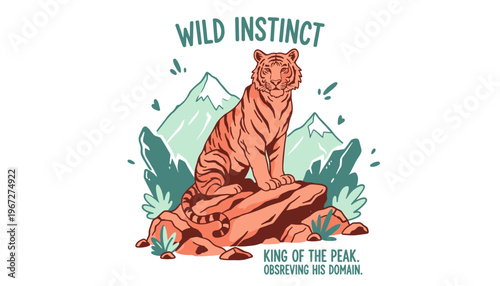Majestic Tiger Sitting on a Mountain Rock Peak Vector Illustration