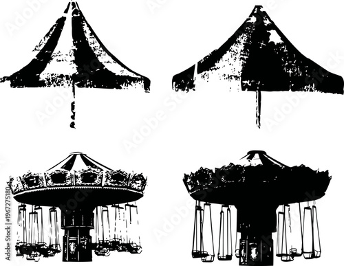 Black and white vintage carousel swing ride silhouettes with striped canopy tops, amusement park attraction
