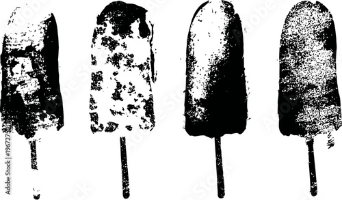Four different chocolate coated ice cream bars on sticks in a row isolated on white background