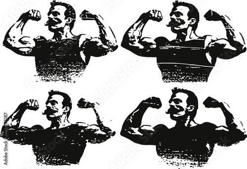 Vintage muscular man flexing biceps in four different black and white graphic illustrations