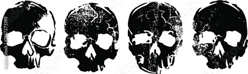 Grunge black skull silhouettes in various decayed and textured styles on white background
