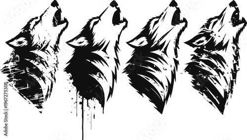 Four stylized howling wolf heads in black and white silhouette with artistic grunge effects