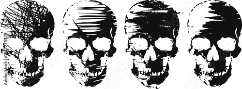 Four artistic human skulls with different line art patterns in black and white