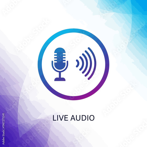 Live audio broadcast icon with microphone and sound waves broadcasting live information.