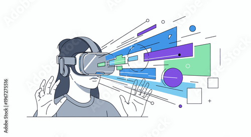 Woman experiencing virtual reality with a VR headset and interactive interface.