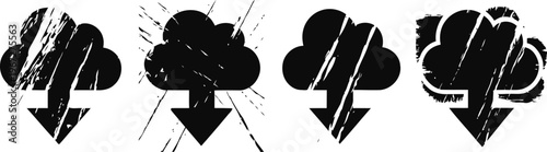 set of grunge black cloud icons with heavy rain and thunderbolt lightning strike symbols