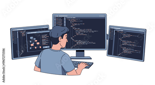 Programmer working on multiple computer screens with code.