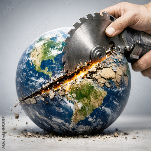 Cutting Earth with Saw Climate Crisis Symbol Global Warming Environmental Damage
