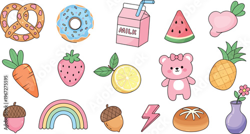Cute Kawaii Doodle Icon Set Featuring Fruits Donuts Milk Rainbow Teddy and Sweet Elements for Fun Cartoon Decorative Design Collection