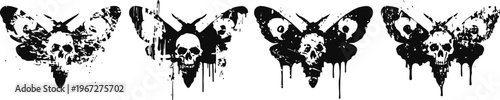Gothic skull moth illustrations, dark grunge art with detailed wings and eerie atmosphere