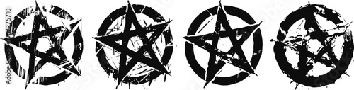grunge pentagram symbols set with distressed textures, mystical occult and gothic design elements