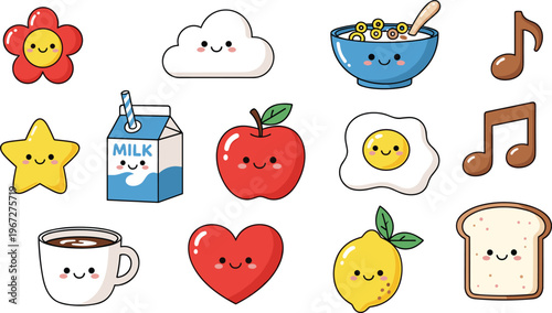 Cute Kawaii Food Icon Set Featuring Milk Coffee Bread Fruit Music Symbols and Sweet Cartoon Elements for Fun Design Collection