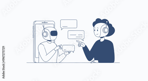 Robots and humans interacting with speech bubbles on a phone screen.