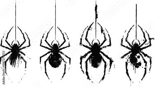 black spider silhouette set hanging by thread with different body shapes and leg positions