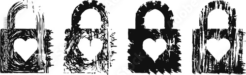 Grunge padlock set with heart shaped keyhole secure love and protection symbol concept design elements