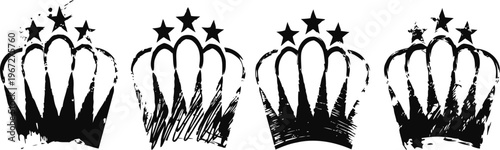 Black crown silhouettes with star accents in various grunge and sketch styles, royal and vintage symbols set