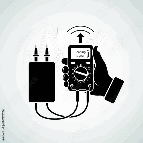 Multimeter measuring electrical current from a power adapter testing voltage.