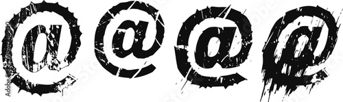 grunge at symbols arranged in a horizontal row with distressed textured design on white background