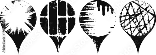 Black abstract paint brush stroke shapes with grunge textures and irregular edges