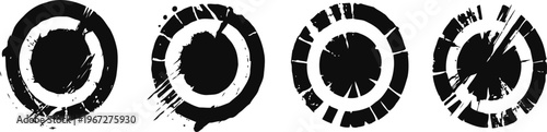 four worn black circular grunge brush stroke icons with varying distressed textures on white background
