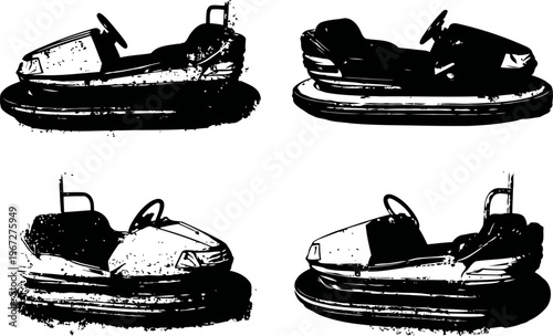 Four black silhouette bumper cars isolated on white background, amusement park rides collection
