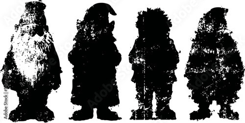 Set of four vintage garden gnomes silhouettes in various hats and poses, rustic decor elements