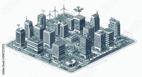Isometric Smart City with Modern Buildings and Green Energy.