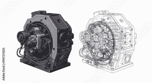 Industrial machine part with solid and wireframe views.
