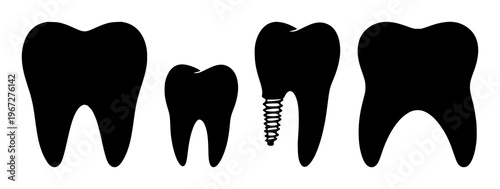 Dental implant tooth icon set with solid black shape on white background featuring dental implant, tooth, icon with vector and minimalist design
