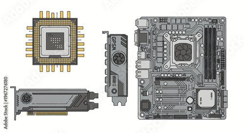 Detailed illustration of computer components including CPU, GPU, and motherboard.
