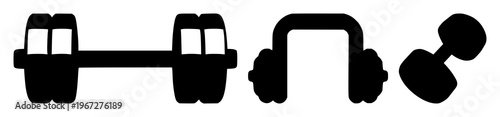 Gym dumbbell icon set with solid black silhouette on white background featuring fitness, weightlifting, exercise with muscle training and bodybuilding