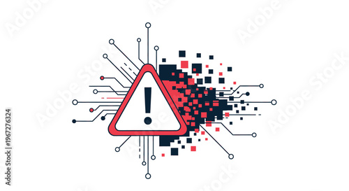 Digital security alert with abstract circuit board and data disintegration.