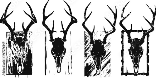 deer skull silhouettes with antlers on rustic textured backgrounds in black and white