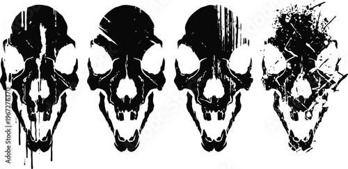Four black and white grunge skull illustrations with splatter texture and distressed paint effect