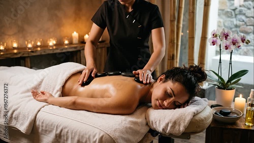 Hot stone massage therapy with relaxing spa atmosphere and woman enjoying wellness treatment and stress relief