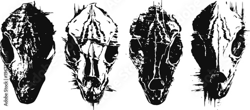 Four black and white snake skull illustrations with detailed anatomical features arranged vertically