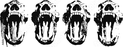 Four black and white roaring bear skull illustrations with open jaws and sharp teeth