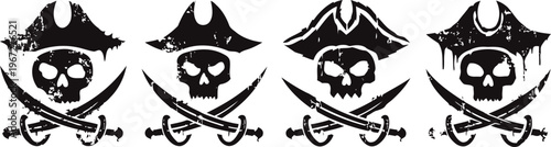 skull and crossbones pirate symbols set pirate hats with skulls, crossed swords beneath, vintage black grunge