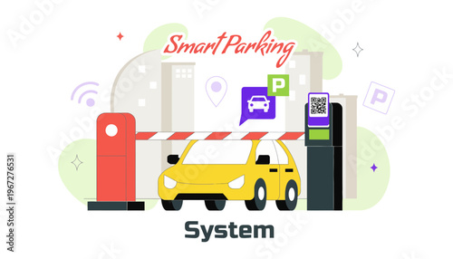 Smart parking system with a yellow car and city background illustration