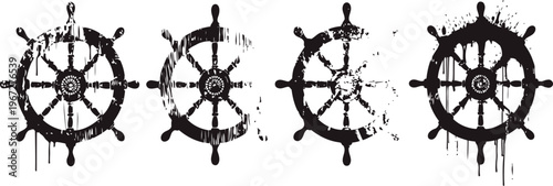 distressed nautical ship wheels set in black silhouette vintage maritime steering symbols with grunge texture