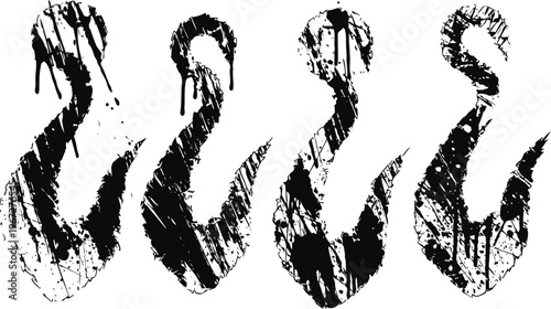 grungy black fish hook silhouettes with paint drip and textured distress effect set