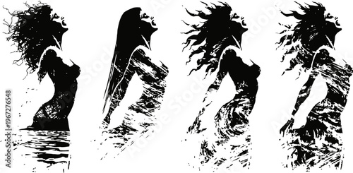 Female silhouette in water with flowing hair, artistic black and white multiple exposure effect