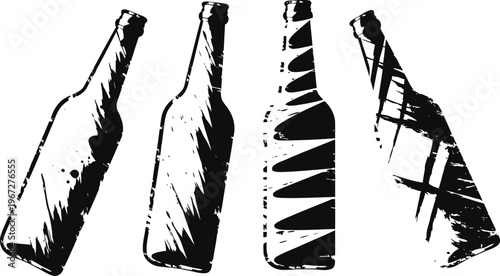 Outlined grunge beer bottles set with four different vintage distressed designs in silhouette