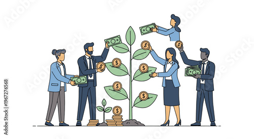 Diverse business team cultivating a money tree for financial growth.