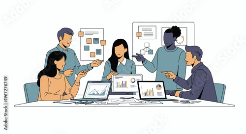 Diverse business team collaborating on project in modern office.