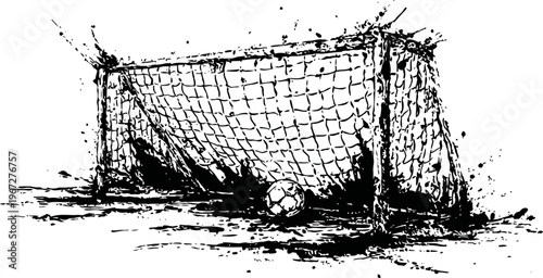 Hand drawn vintage soccer goal with ball inside net textured sketch isolated on white
