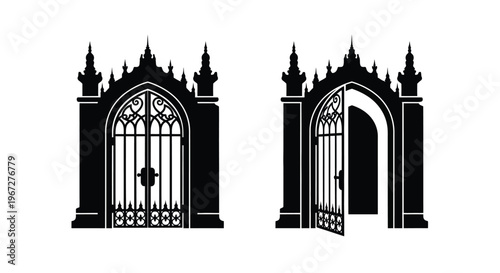 Two gothic arched gates with intricate details on transparent background silhouette